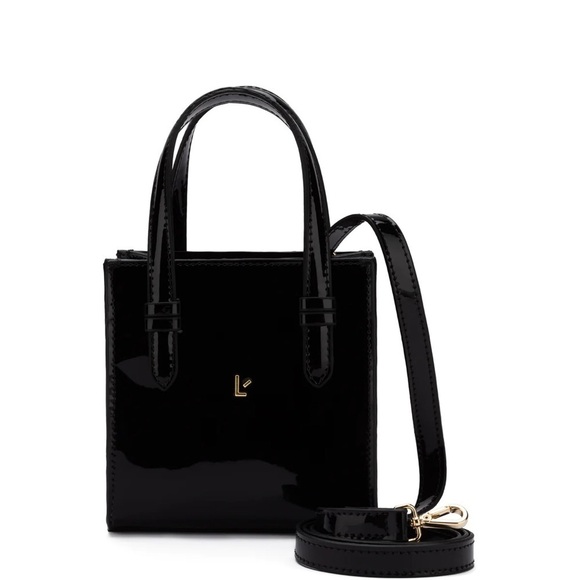 NWT Larroude Mini Phoebe Tote Bag Crossbody in Black Patent Leather